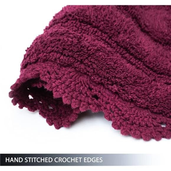 home Burgundy Crochet Bathrug, Cotton Oval bathmat Handcrafted Crochet Border - Picture 3 of 6